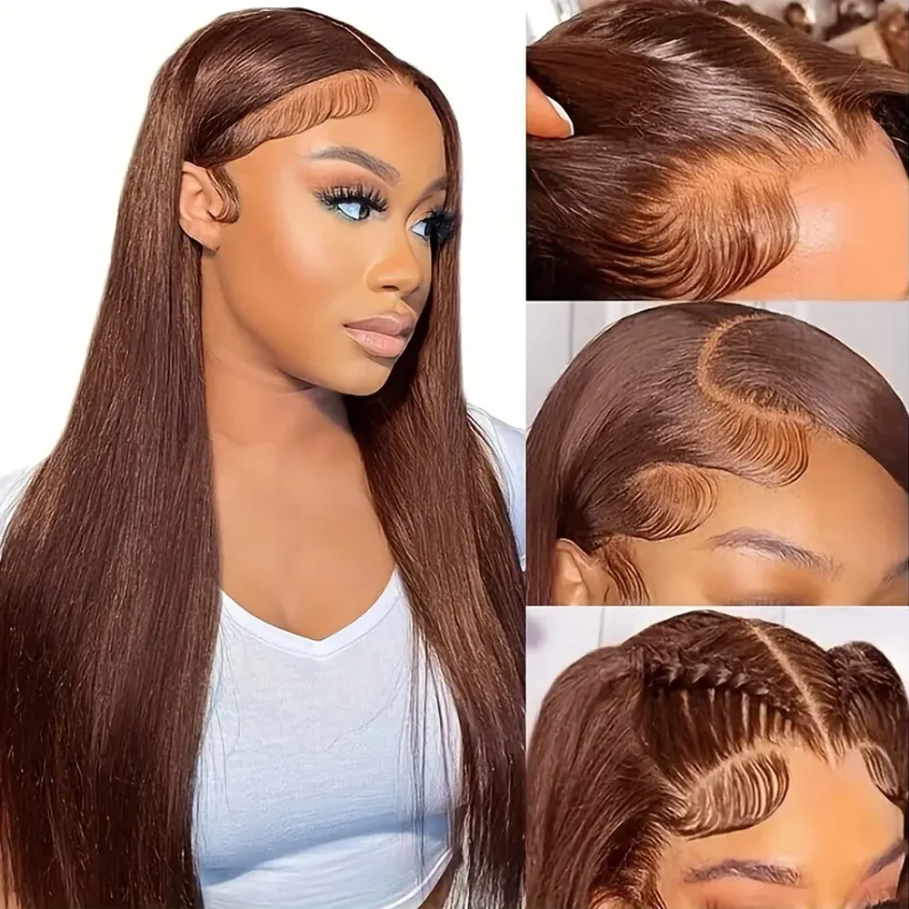 Straight HD Lace Frontal Perucas para Mulheres, Castanho Chocolate, Cabelo Humano, Cabelo do Bebê, Densidade 180, 13x4