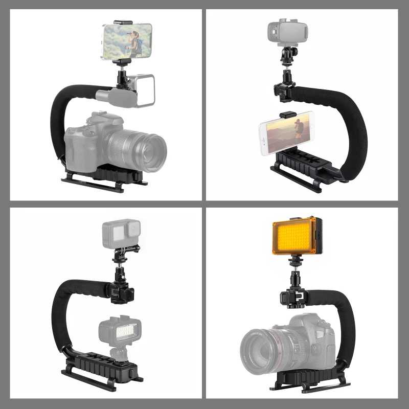 PULUZ C Shape Portable Handheld 1/4 inch Screw Bracket Stabilizer + LED Studio Light with Cold Shoe Tripod Head for SLR Cameras