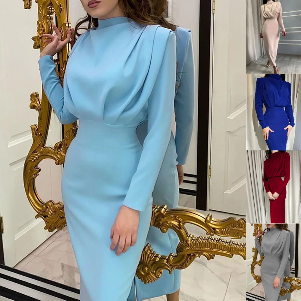 

Elegant Dress Long Sleeve Asymmetric O-neck Fake Pockets Women Customized Evening Mini Dress 2023 Winter New Fashion