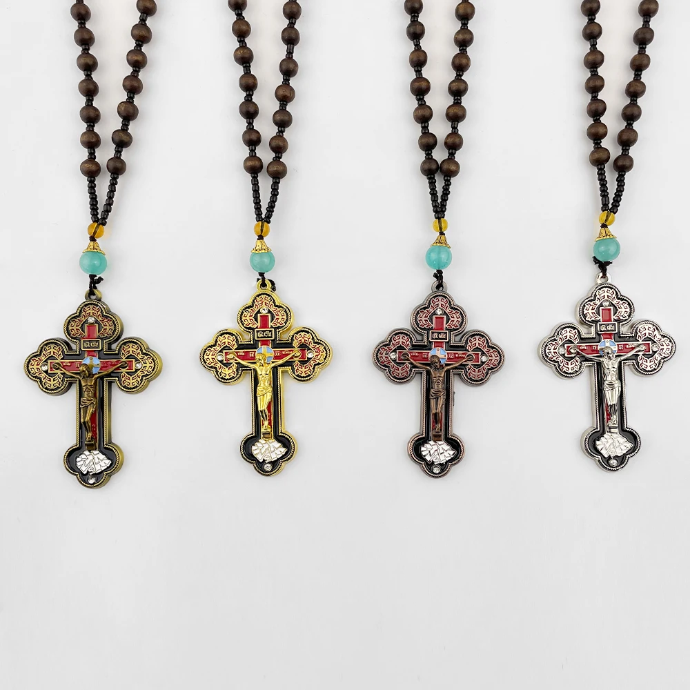 Pectoral Cross Necklace Orthodox Gold Cross Wooden Rosary