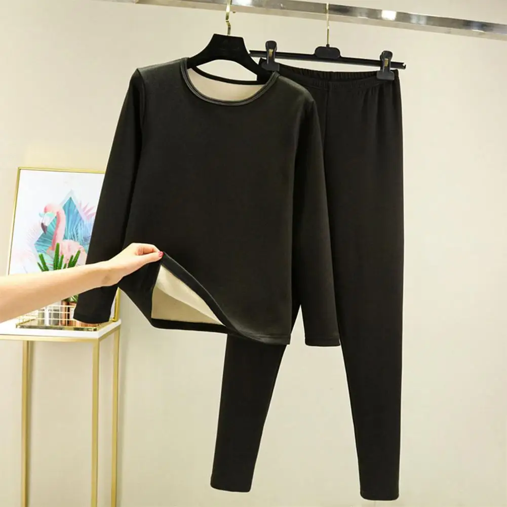 Top Pants Set 2 Pcs/Set Thick Plush Round Neck Long Sleeve Thermal Underwear Set Elastic Waist Cold-proof Homewear Pajamas,thermal underwear sets