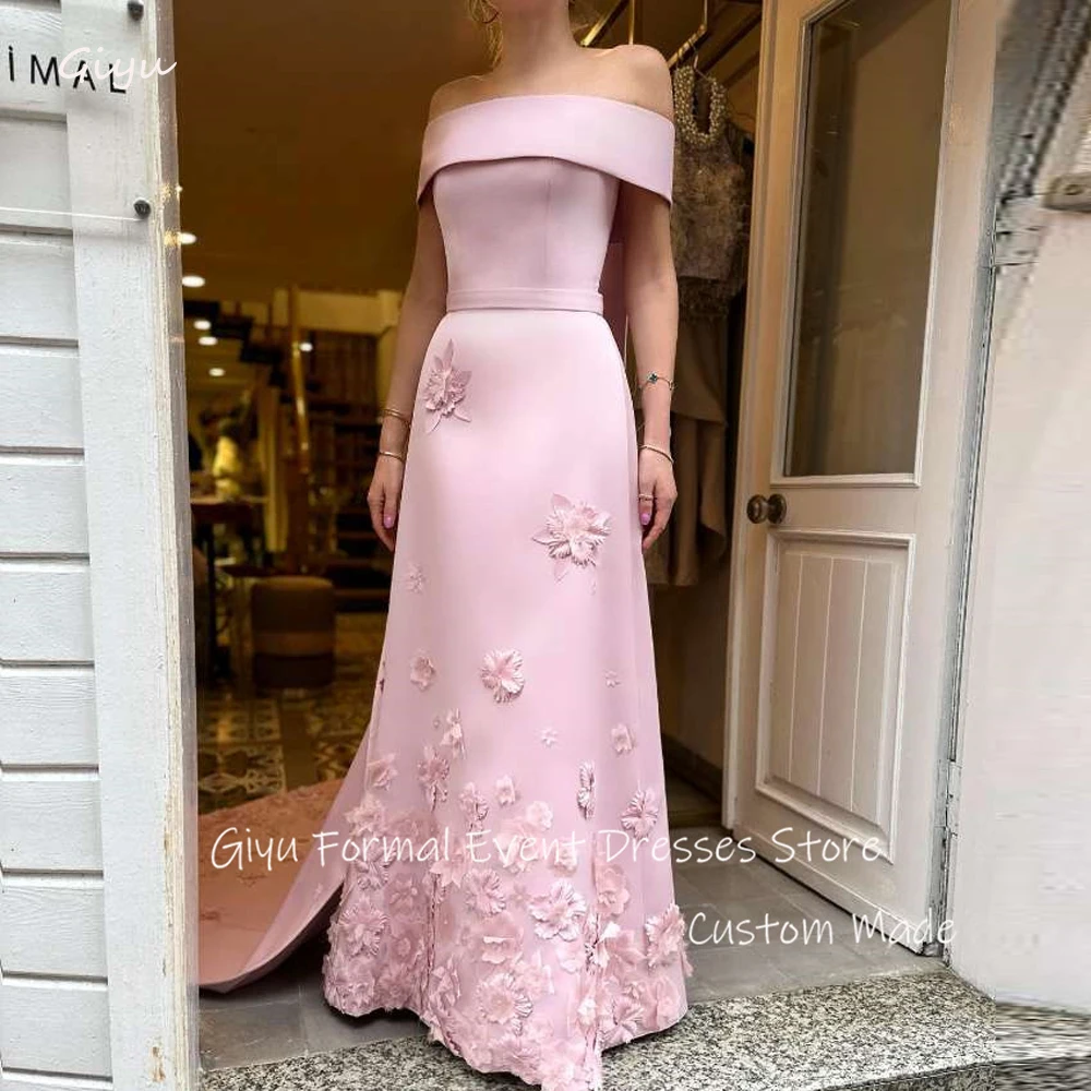 

Giyu Elegant Blush Pink Evening Dresses Dubai Arabic Women Off Shoulder 3D Flowers Formal Occasion Party Dress Prom Gown