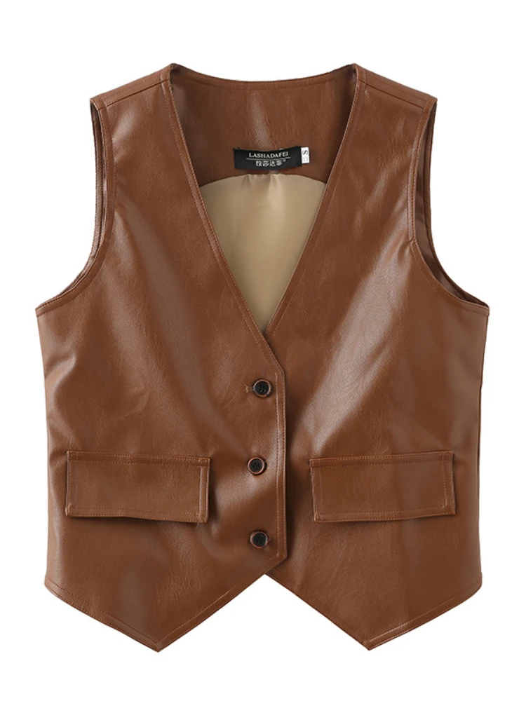 

Vests for Women 2024 Spring Autumn New in Sleeveless Pu Leather Clothing Korean Fashion Retro Casual Brown Womens Clothing Vest