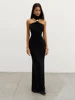 Weird Puss Metal Knots Dress Women Elegant Summer Trend Halter Solid Folds Backless Sleeveless Sexy Slim Banquet Party Bodycon