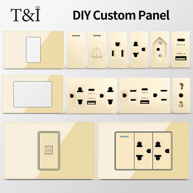 T&I Modular DIY Wall Plate 2x4 inch Featuring Tempered Glass, NEMA 5-15R Duplex Outlet & US/EU/Italy/Chile Socket Modules 1