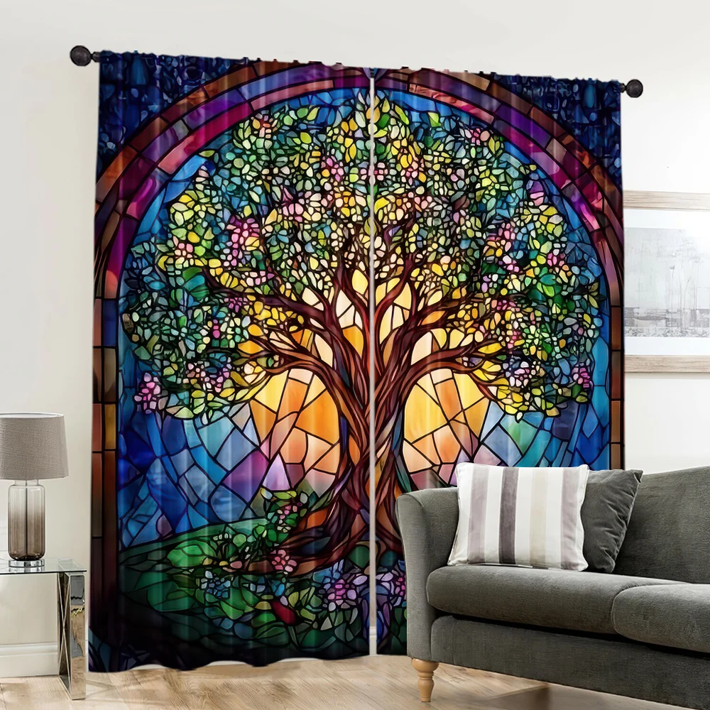 2pcs, spring summer Curtains Stained Glass Tree of Life Yarn Curtains 100% Polyester Room Decor for Room, Kitchen, Study, 6