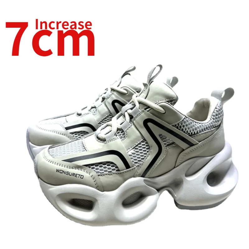 

European Increased 7cm Thick Platform Design Casual Shoes for Women's Genuine Leather Gauze Breathable Street Sports Dad's Shoes