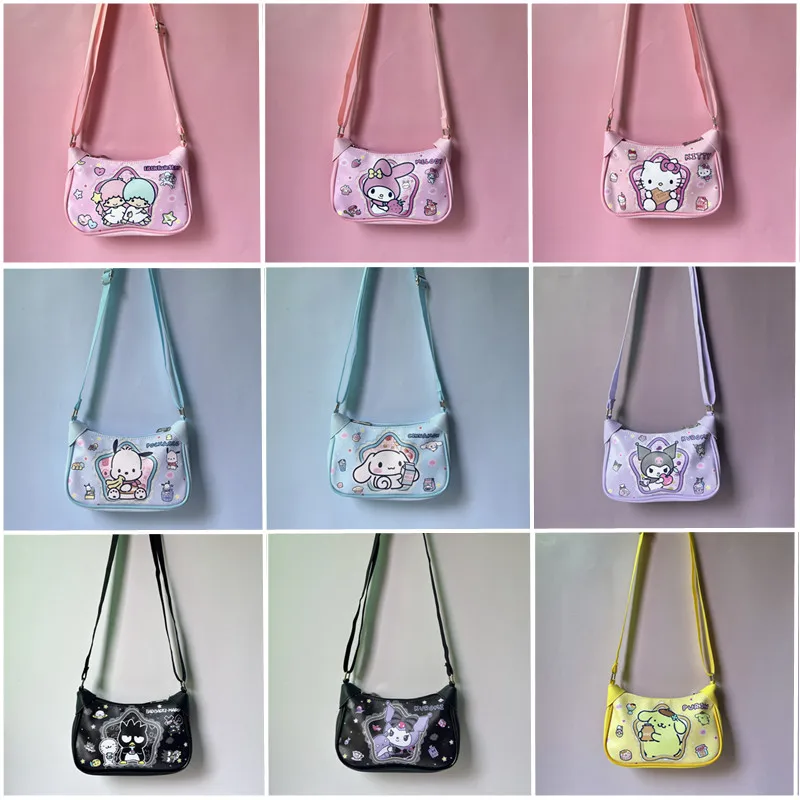

Sanrio Pu Leather Shoulder Bag Kawaii Hellokitty Kuromi Cinnamoroll Double-Sided Printed Crossbody Bag Casual Women's Bag