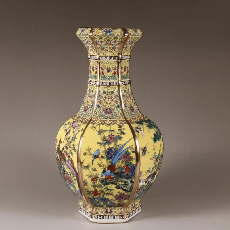 

Qing Dynasty Qianlong Enamel Flower and Bird Hexagonal Light Yellow Appreciation Bottle Chinese Antique Porcelain Ornament