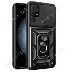 Enhanced Shockproof Metal Phone Case with Push-Window Lens Protection and Back Bracket for TCL 40 SE (Black)