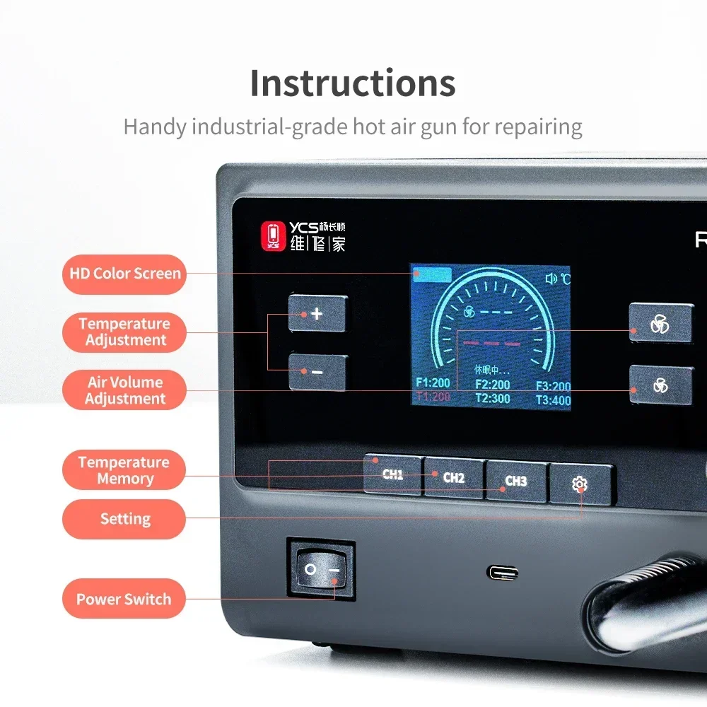YCS-R1 1000W Intelligent Curved Hot Air Gun For Mobile Phone Repair Motherboard PCB Welding and Desoldering Hot Air Gun Tool