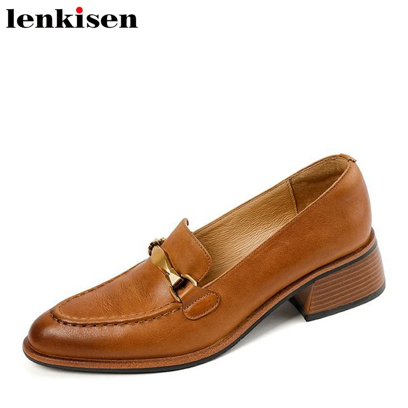 

Lenkisen Grace Cow Leather Casual Noble Spring Brand Shoes Med Heels Slip on England Style Metal Decorations Brand Women Pumps