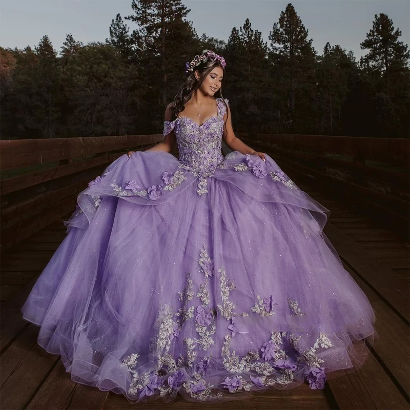 

Glittering Lilac Quinceanera Dresses Vestidos De Años 3D Flower Beading Lace Princess Birthday Party Gowns Corset