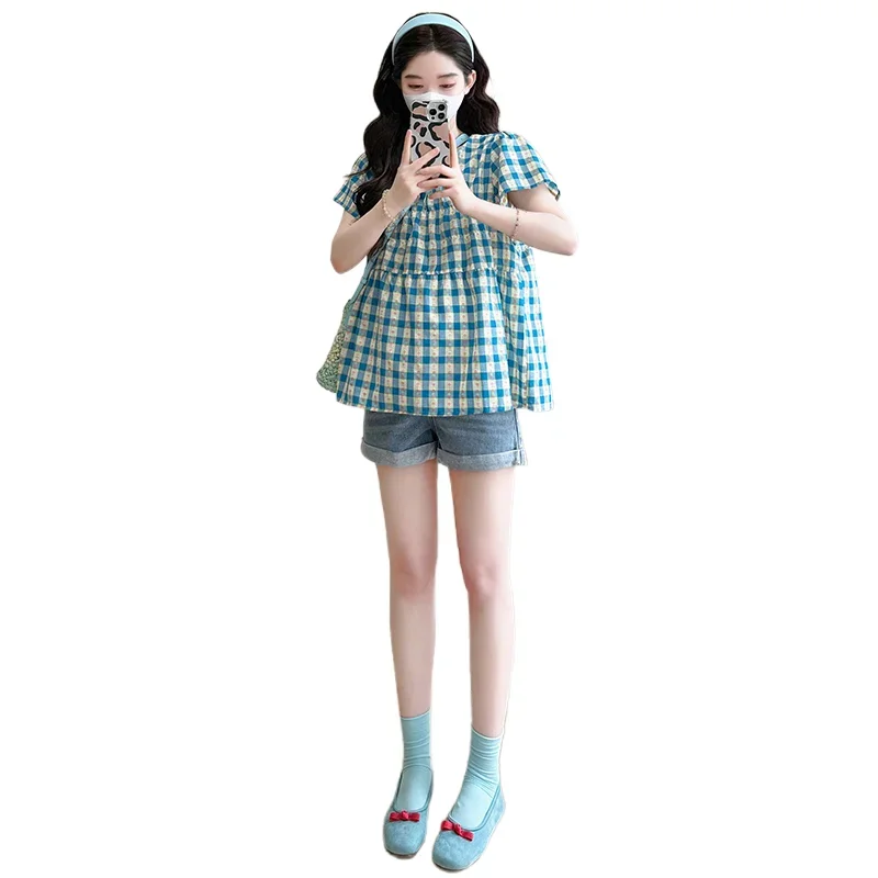 느슨한 맞는 격자 무늬 Babydoll 출산 탑 여름 짧은 소매 오-넥 패션 인쇄 Cottagecore 임신 착용 대형 셔츠