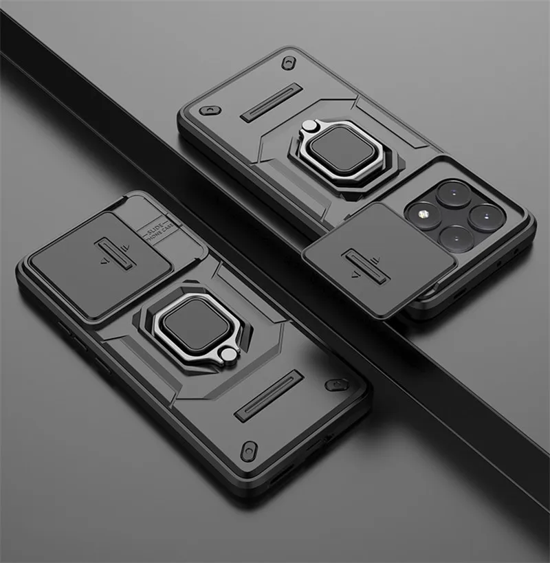 Premium Armor Shockproof Magnetic Bumper with Sliding Lens Protector and Holder for 6.67 inch Smartphones