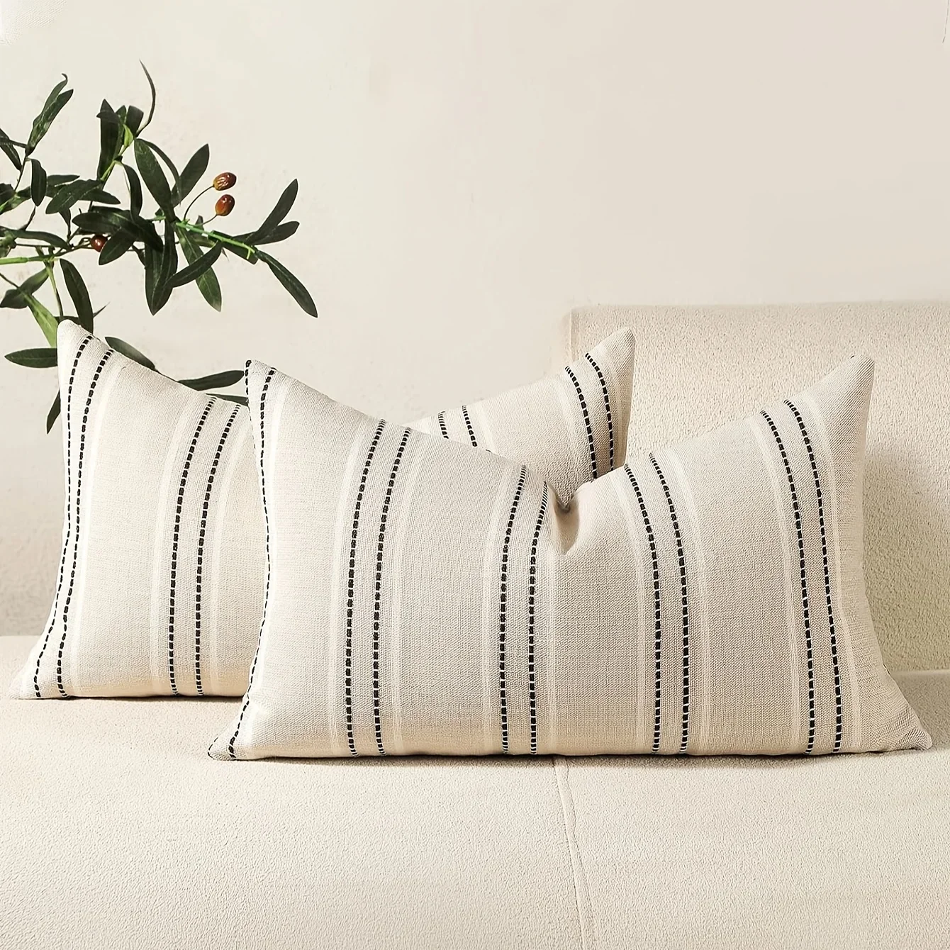 Bohemian Farmhouse Linen Throw Pillow Covers in Beige and White with Stripe Patterns – Elegant Decorative Cushion Cases for Sofa and Living Room Decor