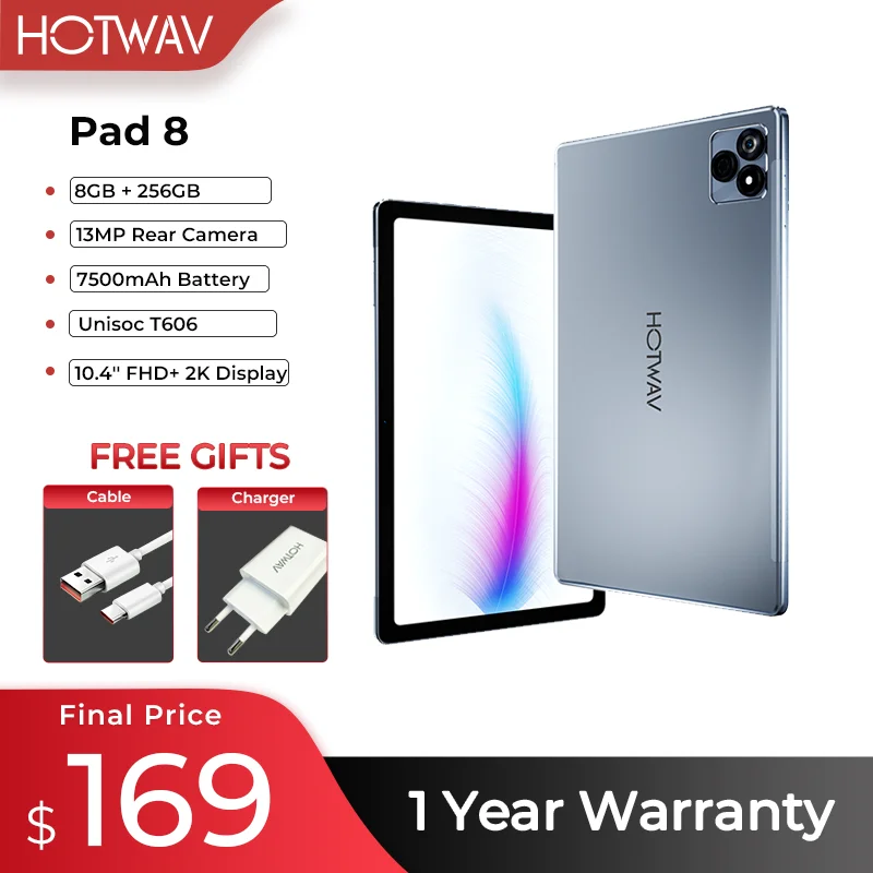 

HOTWAV Pad 8 Android 13 Tablet, 10.4 ''FHD+, 2K Display, 8GB + 256GB, 13MP Camera, Unisoc T606, 7500mAh, PC Tablet, PC, Newest