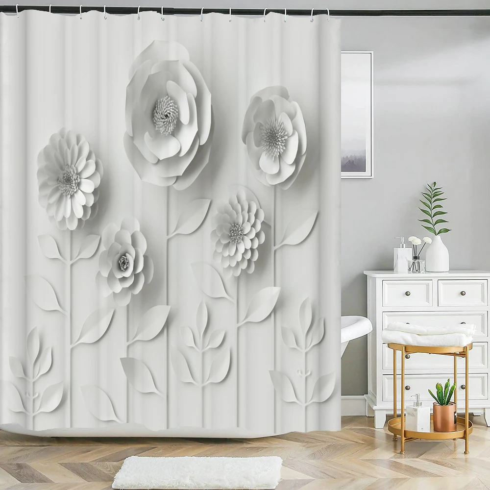 3DFlowersPrintedShowerCurtainWithHooksBathroomWaterproofShower