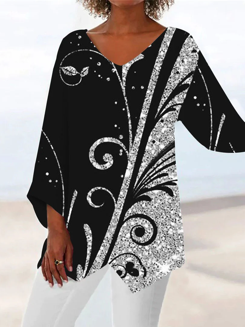

Plus Size Women Asymmetrical 3/4 Sleeve V-neck Printed Graphic Top Dress