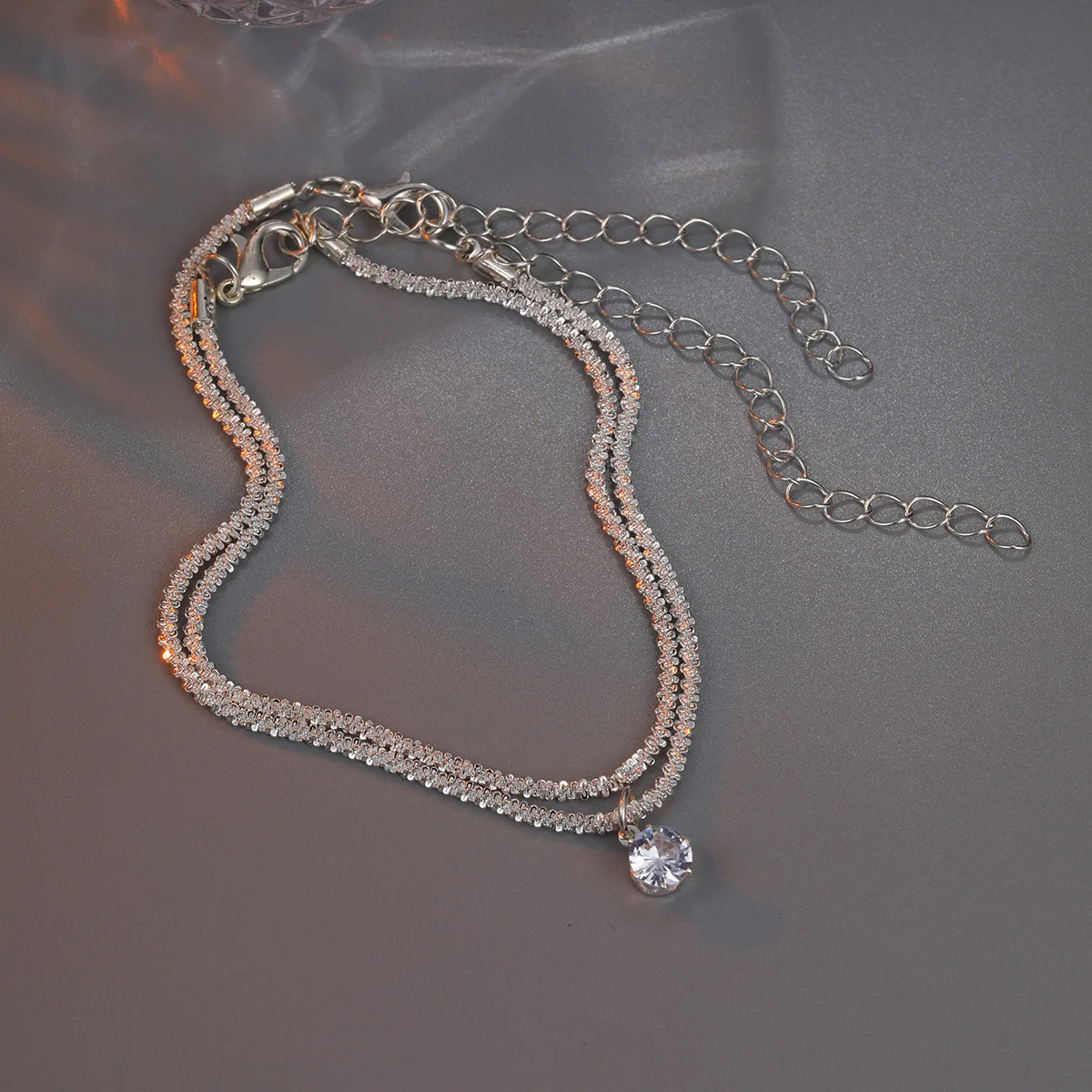 Shiny Silver Zircon Pendant Anklets for Women Girls Two Layers Chain Multi-Layer Beach Foot Jewelry Crystal Gift silver anklet bracelet,ankle chains,cubic zirconia anklet,beads anklet,fashion accessories