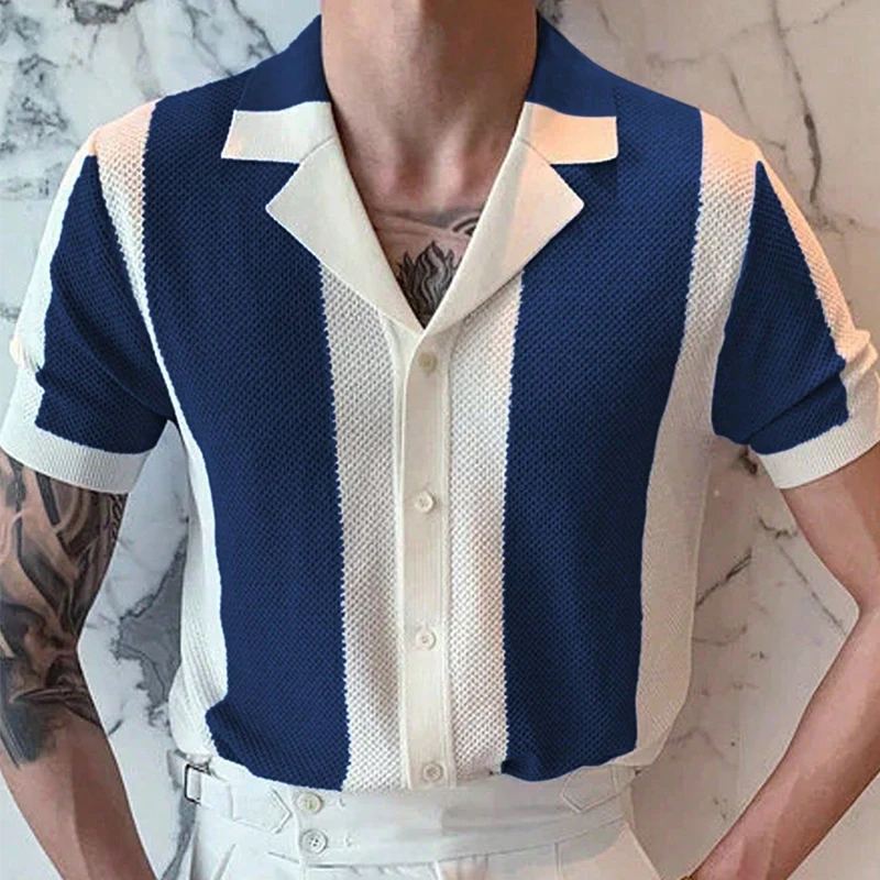 

Luxury Mens Knit Shirt Striped Contrast Color Jacquard Knitted Tops Men Cardigans Summer Short Sleeve Buttoned Lapel Slim Shirts