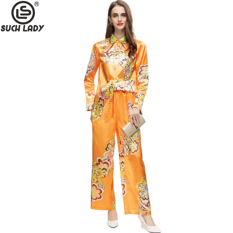 Women's Two Piece Pants Sets Turn Down Collar Long Sleeves Printed Shirt with Elastic Waist Pant Fashion Twinset Sets