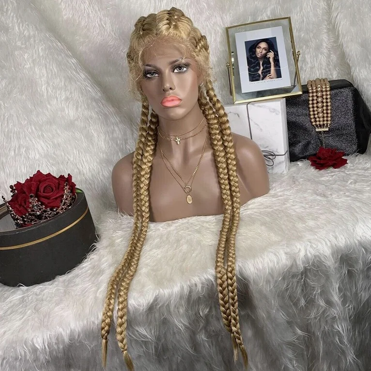Women Long Box Braided Wigs 4 Braids Crochet Braids Lace Front Wig Glueless