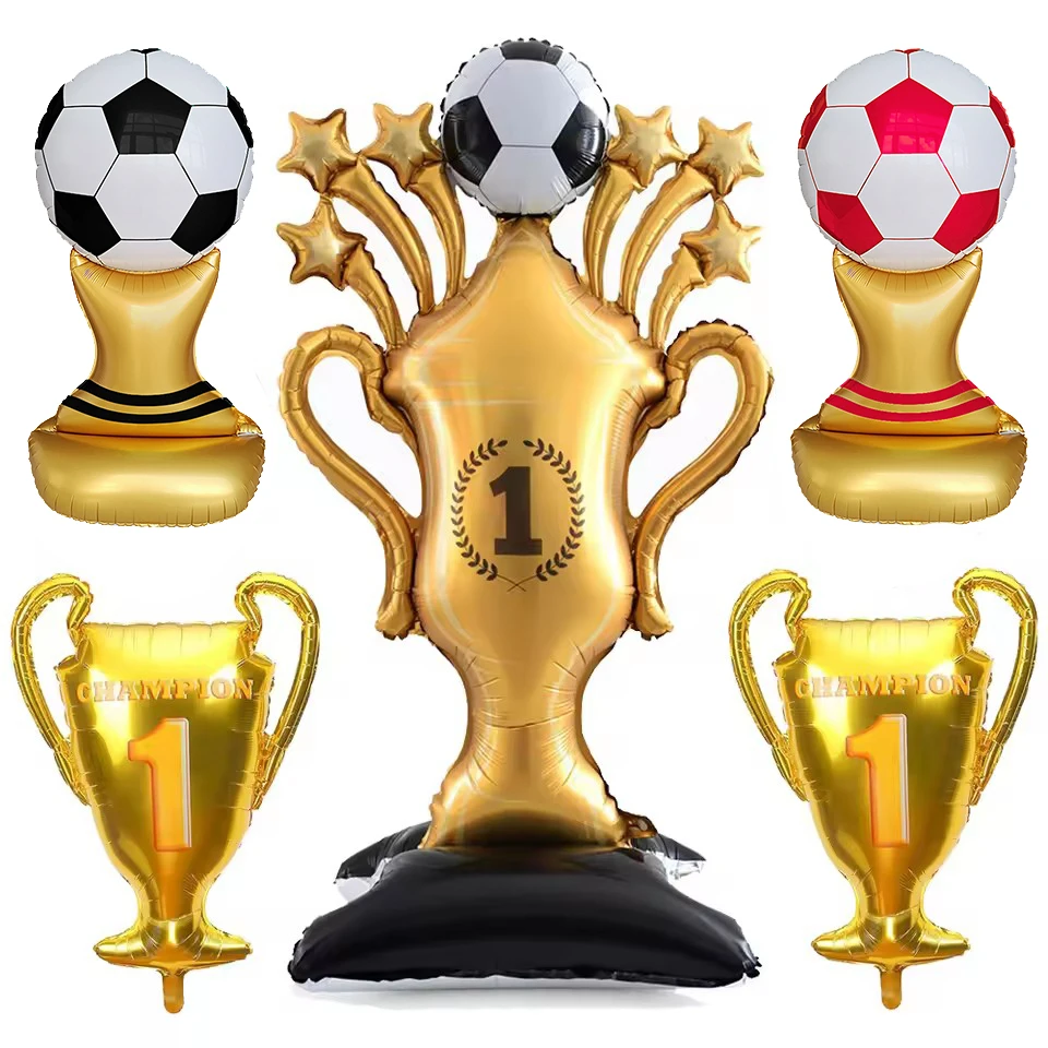 Giant Standing Soccer Trophy Foil Balloon Gold Trophy Football Balloons Kids Birthday Sports Soccer Themed Party Decorations
