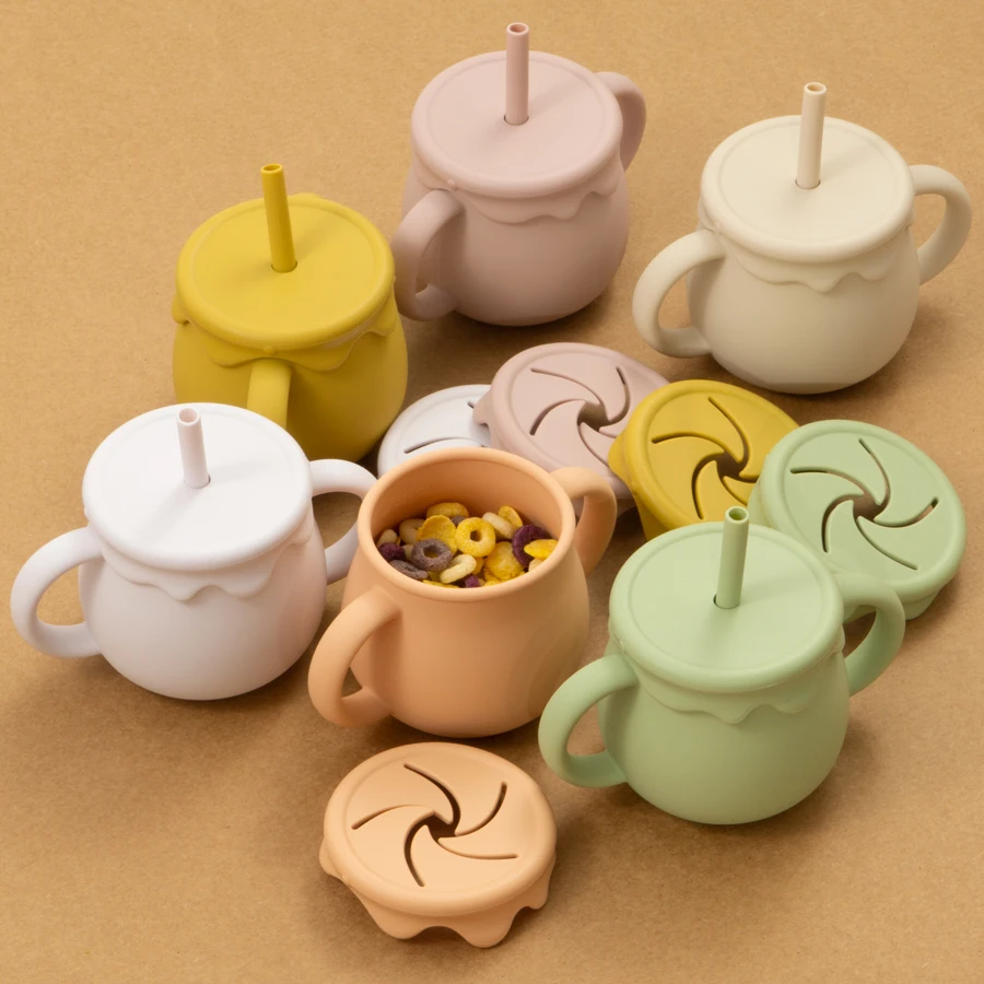 Cartoon Cute Silicone Straw Cup Children's Drinking Cup Snack Cup 2-in-1 Food Storage Box with Handle Feeding Water Cup BPA Free - Image 3