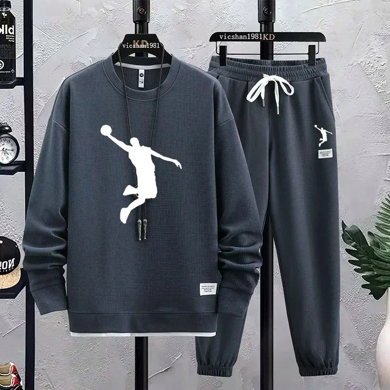 

Spring and autumn men's round neck T-shirt hoodie + trousers two-piece fashion fitness basketball jogging sportswear suit