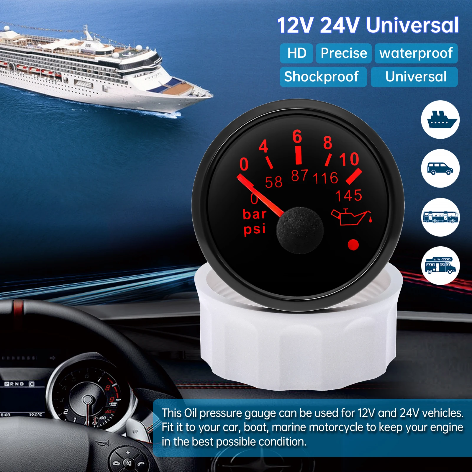 0-5 Bar 52mm Oil Pressure Gauge+Sensor With Flashing Alarm For Auto Car Marine 12V 24V