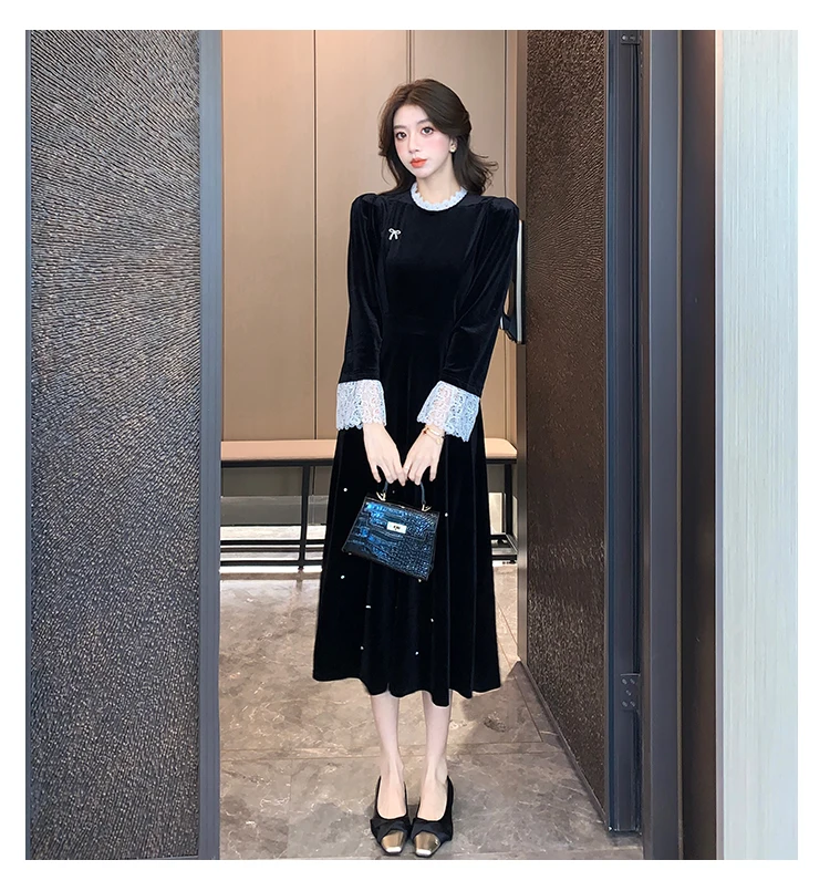 Mujer Primavera Verano Nuevo Elegante Terciopelo Patchwork Midi A Line Vestidos Manga Larga Dama Fiesta Moda Una Pieza Bata