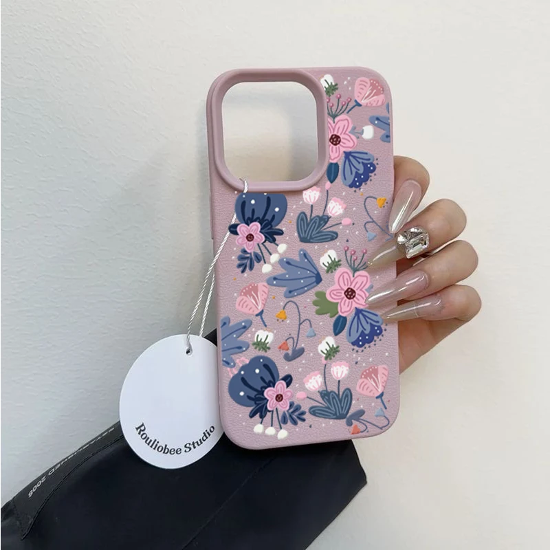 Pink Blue Floral Art Pattern Soft PU Leather Matte Cover Case