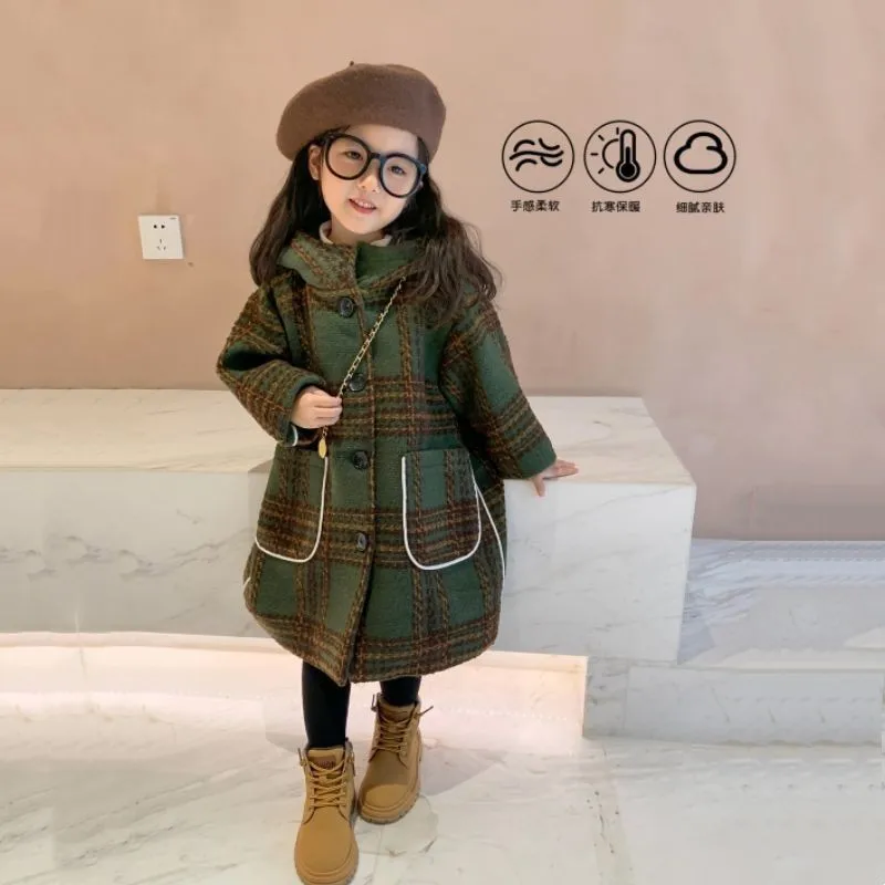 Girls Kids Woolen Coat Jacket Overcoat 2022 Classic Warm Plus Thicken Winter Cotton Fleece Children's Clothing