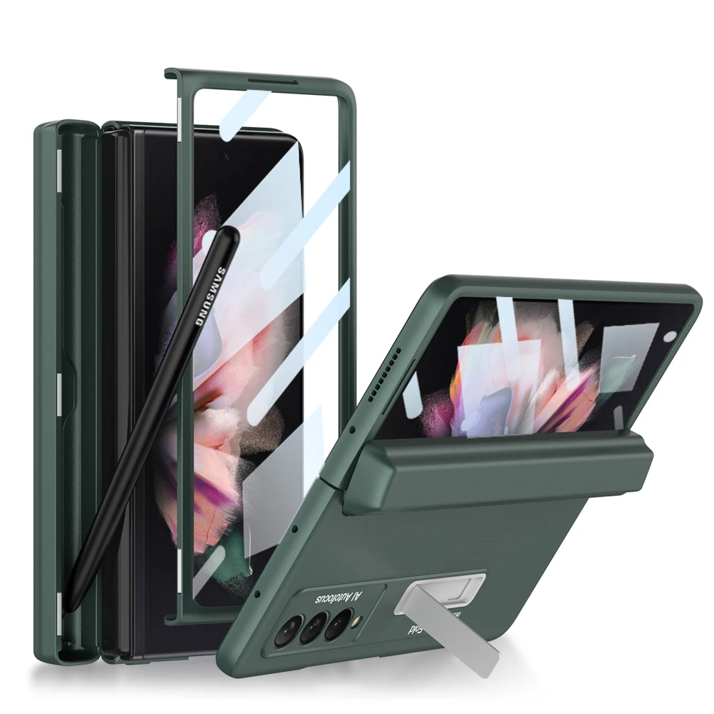 

Magnetic Hinge Pen Holder Cover For Samsung Galaxy Z Fold 3 Case With Front Screen Glass Film Hard Cover For Galaxy Z Fold3 Case