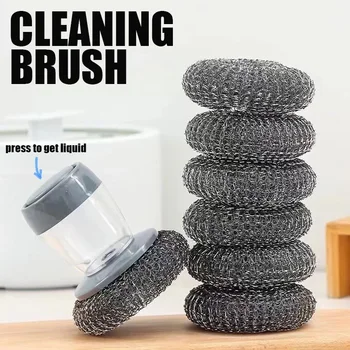 1~5PCs Automatic Liquid Adding Pot Washing Brush Stainless Steel Press Brush Kitchen Tool Household Cleaning Brush 1