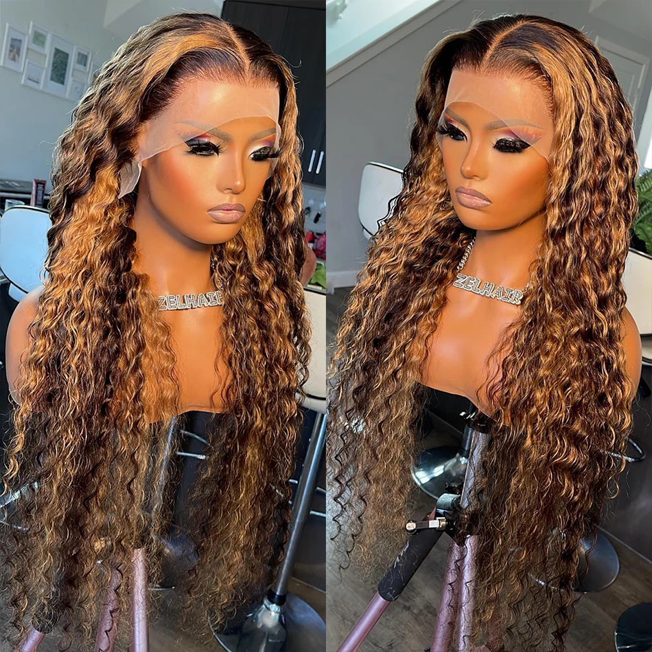 30 Inch 250 Density Highlight Honey Brown Curly Lace Front Human Hair Wigs 13x6 13x4 Ombre Colored Deep Wave Lace Frontal Wig 2