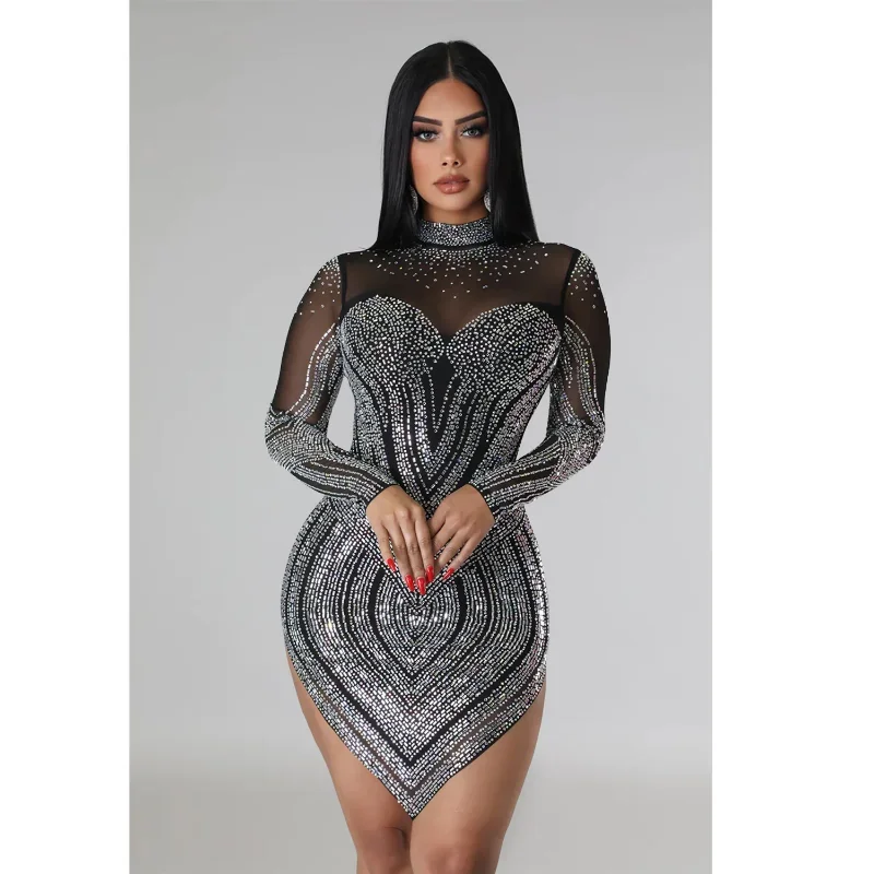 

WUHE Sexy Sheer Mesh Rhinestone Asymmetrical Short Party Night Club Dresses Women Wedding Evening Bodycon Prom Dresses