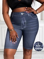 Plus Size Women's Skinny Capris Pants Imitation Denim Print Curve Female Casual Stretch Knitted Sporty Cropped Leggings Summer