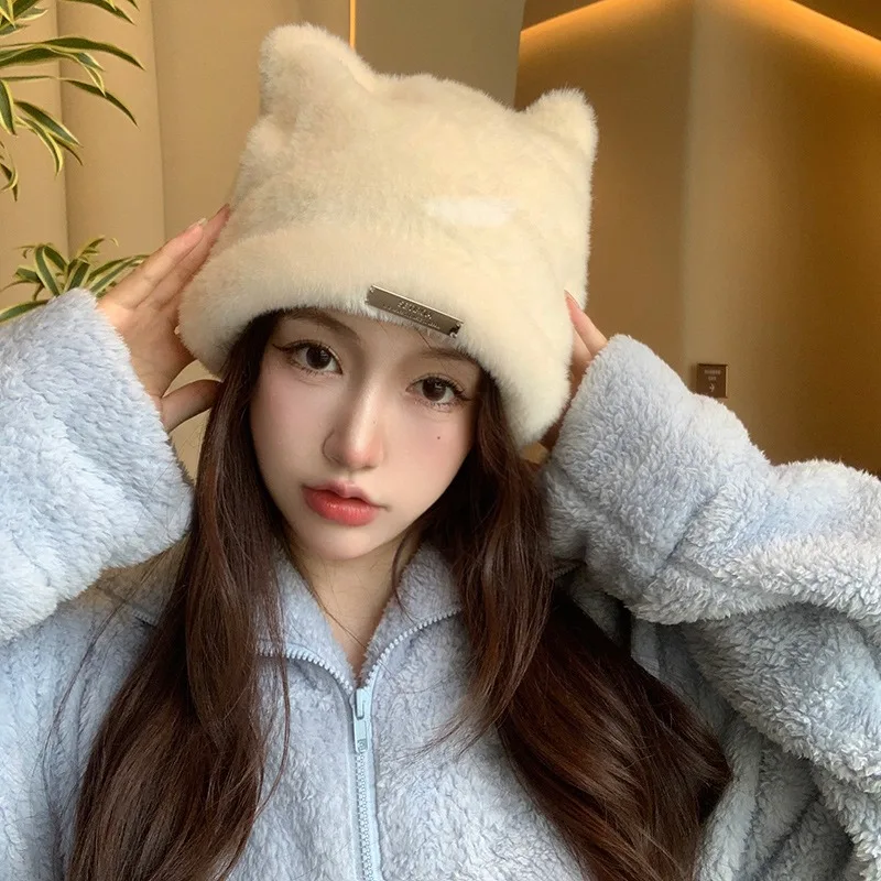 

Japanese Autumn and Winter Cute Bear Ears Plush Hat Women Thickened Warm Solid Color Imitation Mink All-match Skull Beanie Cap