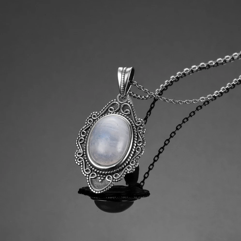 Pure Sterling Silver Vintage Oval Rainbow Moonstone Pendants Necklaces Women's Handmade Fine Jewelry Gifts