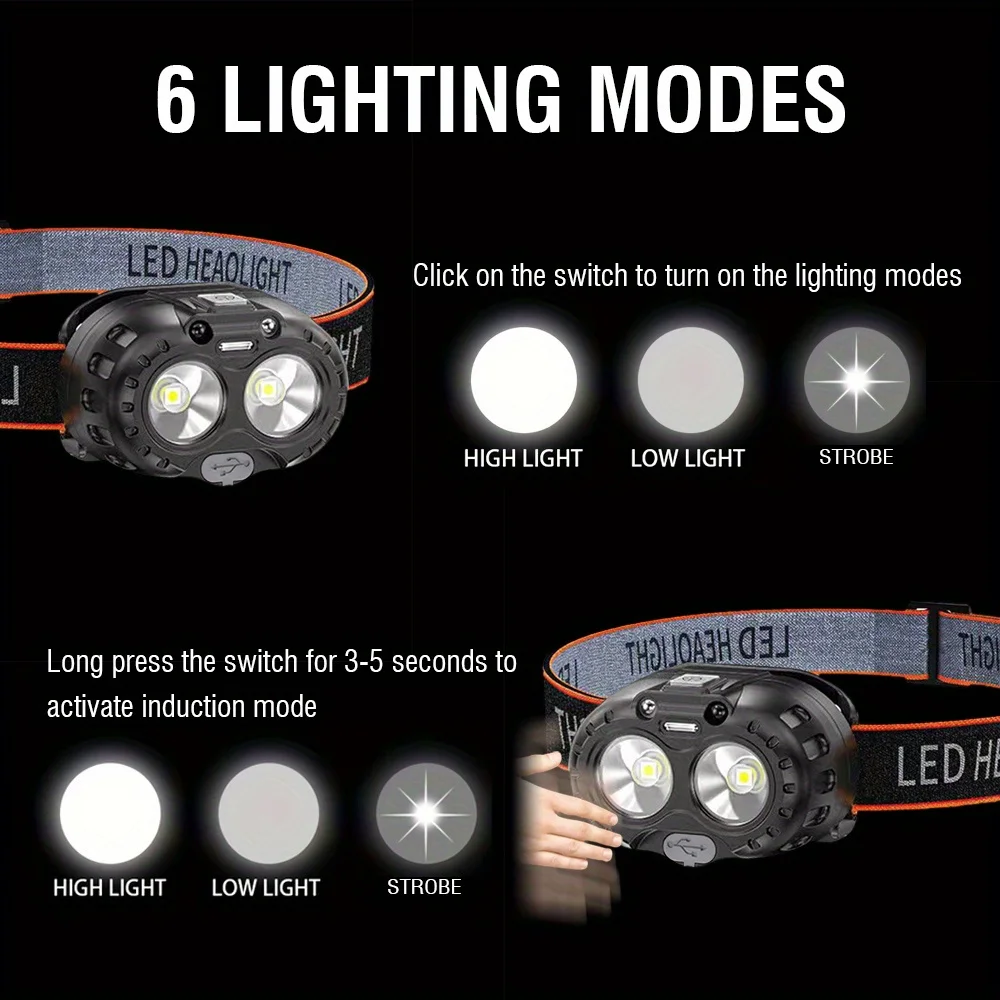 Rechargeable Sensor LED Headlamp Outdoor Waterproof Headlight With Motion Detection For Fishing Camping Hiking Emergency Light