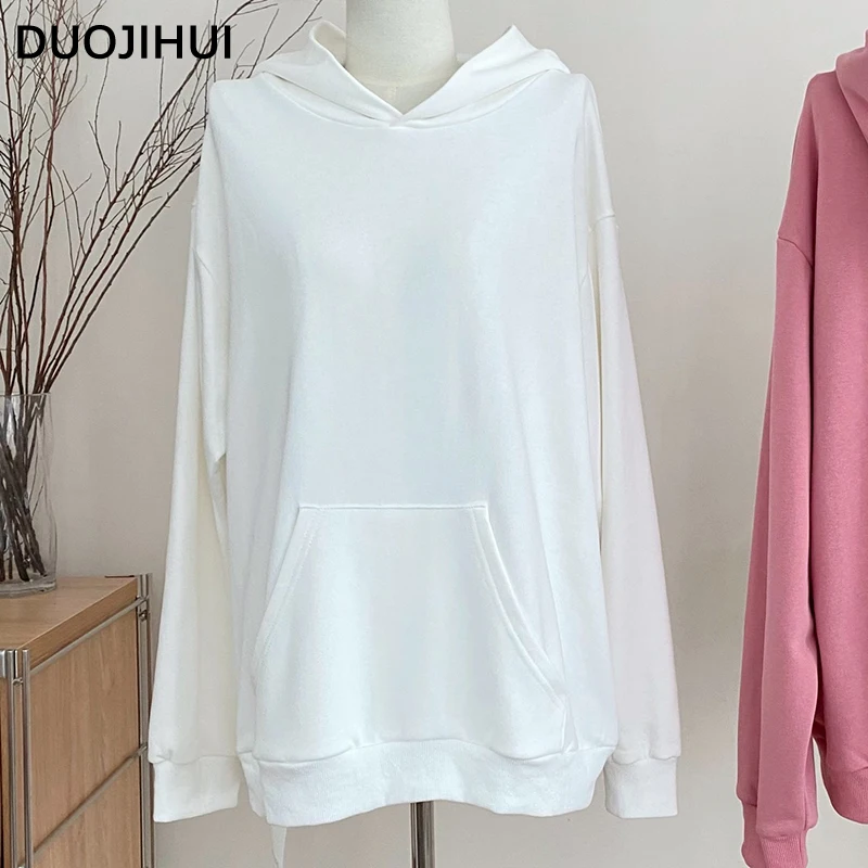 DUOJIHUI White Classic Hooded Loose Female Hoodies Autumn Chic Pocket Fashion Simple Solid Color Basic Pullover Women's Hoodies