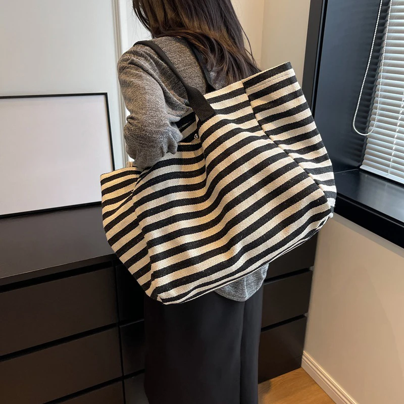 Women Canvas Shoulder Bag Ladies Shopping Bags High Quality Handbags Simple Stripe Design Tote Books Bag For Girls