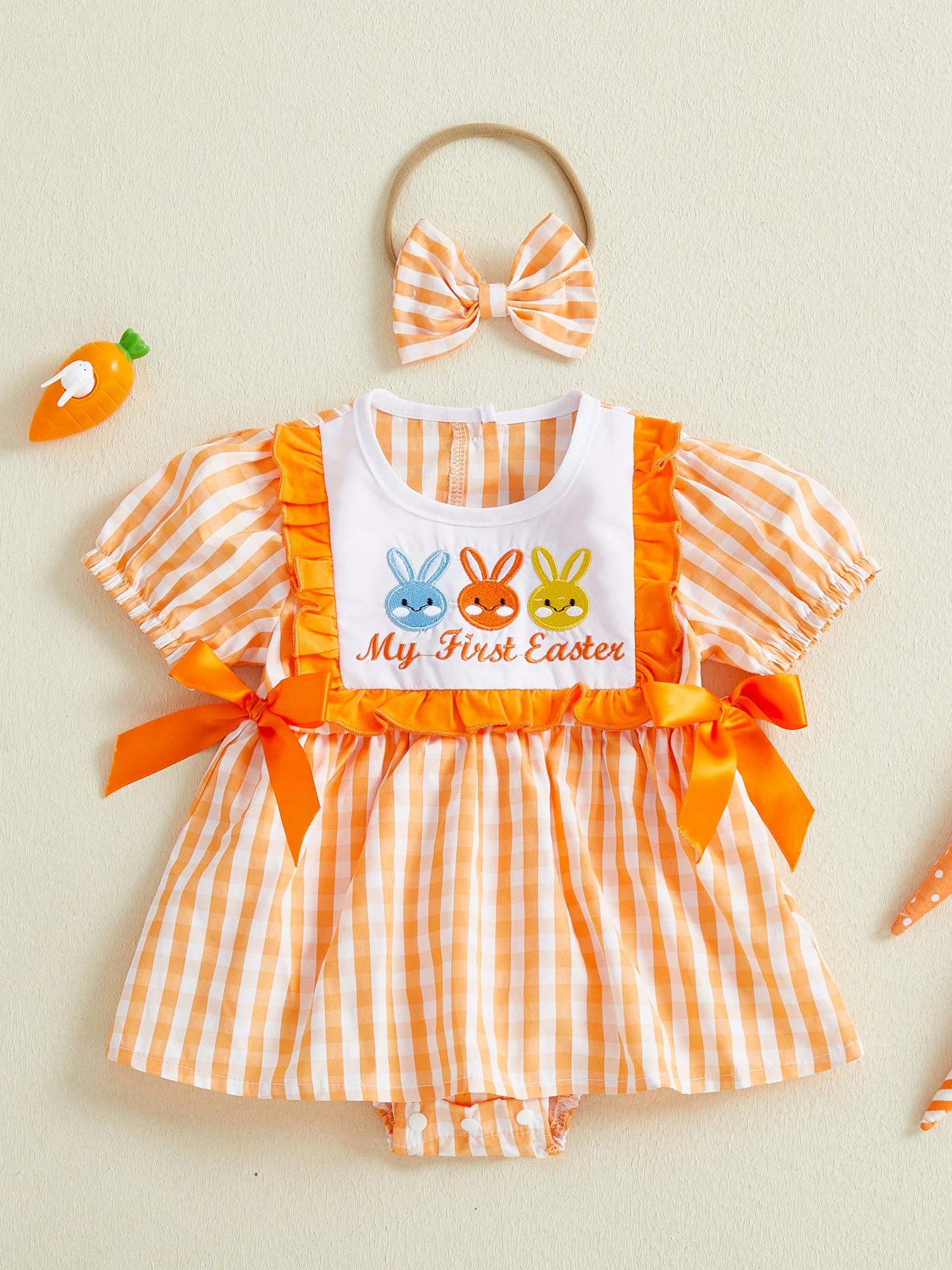 Adorable Toddler Girl Spring Outfit Flutter Sleeve Floral Print Romper Dress with Matching Bow Headband Set for Easter