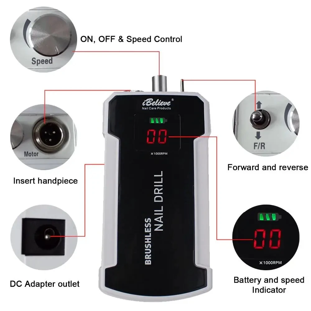 IBELIEVE Hangable Type Nail Drill 80w 35krpm Brushless LCD Display Electric Manicure POLISHER Cordless Ponceuse Ongle Electrique 4