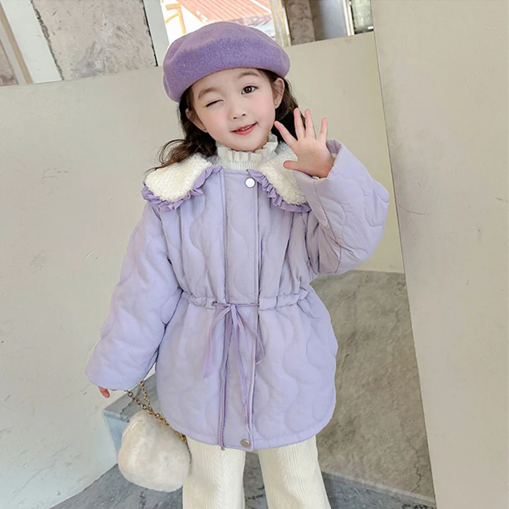 

Kids Girls Cute Cotton Coat Ruched Lapel Collar Long Sleeve A-Line Padded Jacket 2-8Y Children Winter Fashion Solid Outerwears