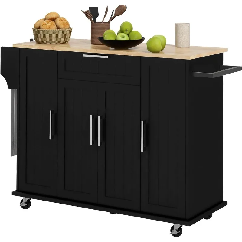 

HOMCOM Kitchen Island on Wheels, Rolling Kitchen Cart with Rubberwood Top, Drawer, Spice Rack, Towel Rack, Storage Cabinet With