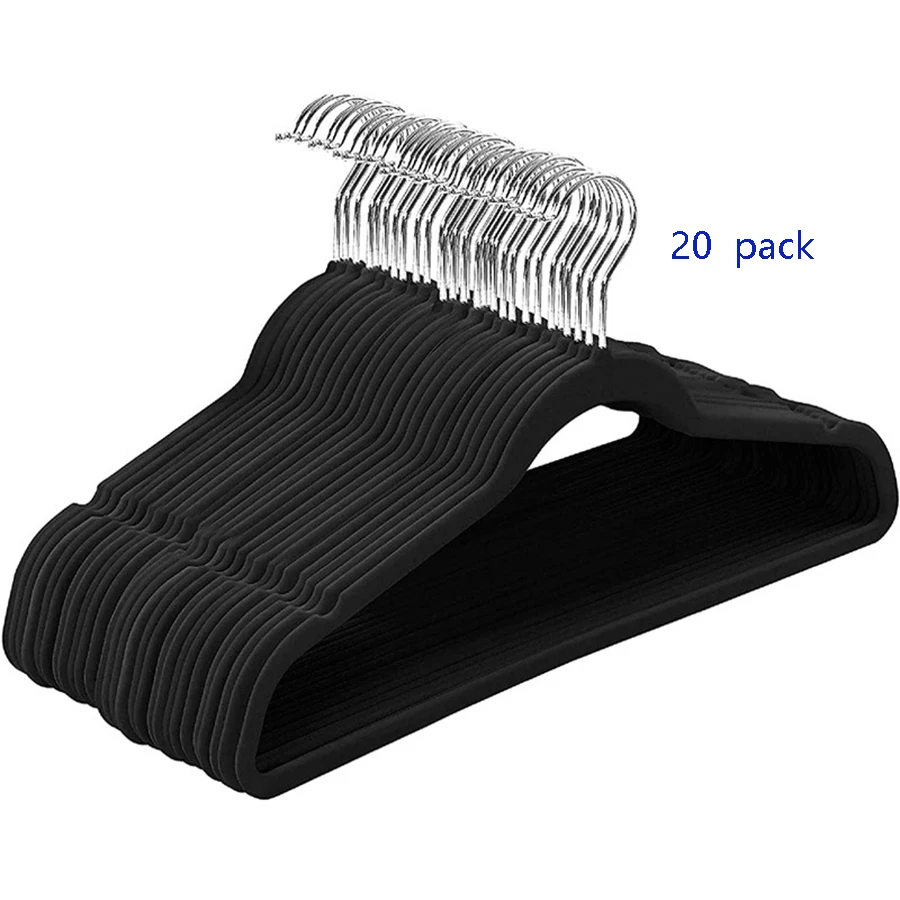 Non-Slip Suit Hanger, Velvet Prevents Movement and Slippage, Slim and Durable, Maximizes Wardrobe Space, Black/Gray - Pack of 20 1