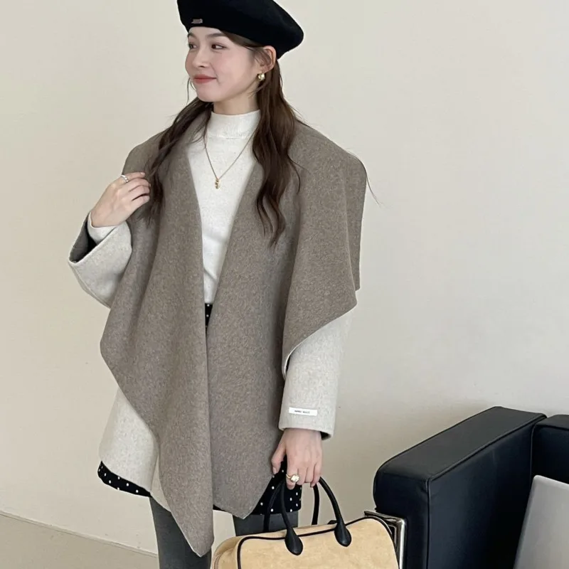 LANMREM Two-tone Shawl Collar Buttonless Drop Shoulder Mid-length Bathrobe Style Reversible Women's Double-faced Woolen Coat New - Image 3